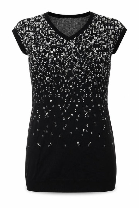 Front view of Gap women’s black geometric cotton shift, size S, v-neck pullover