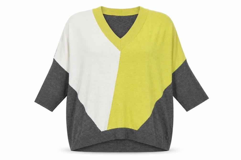 Front view of Marble women’s multicoloured v-neck geometric cotton jumper, size UK 4, - colourblock drop shoulder