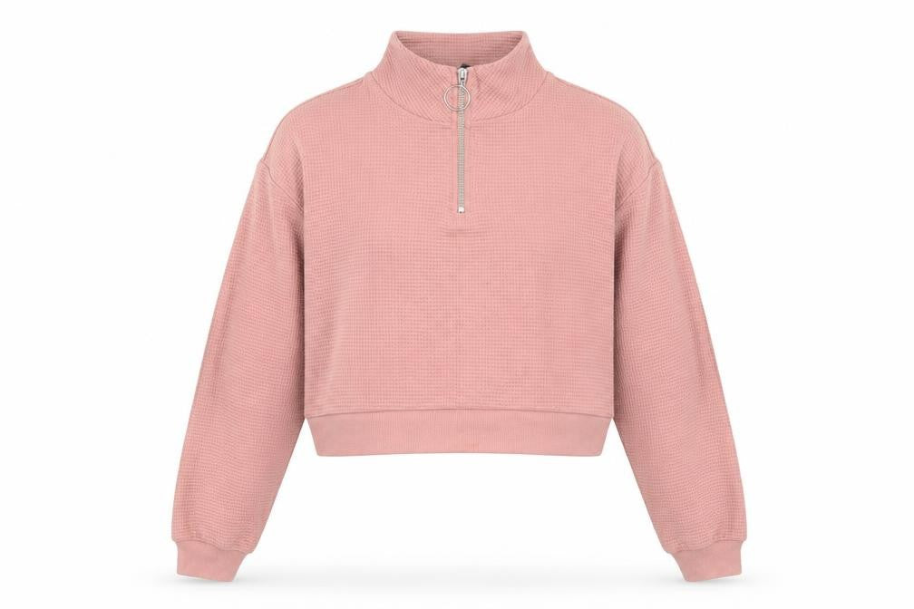 Front view of Divided by H&M women’s pink cotton pullover sweatshirt, size XS, zip