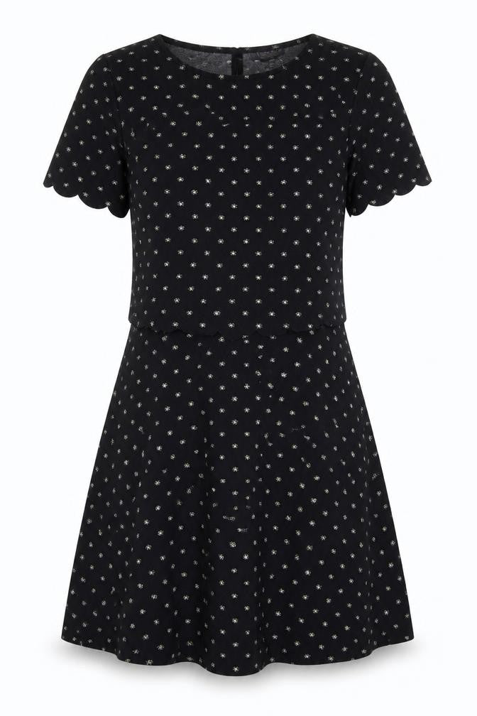 Front view of Topshop women’s black floral polyester fit & flare, size UK 6, round neck pullover