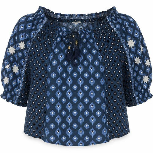 Monsoon Womens Blue Geometric Viscose Cropped Blouse Size S Boat Neck