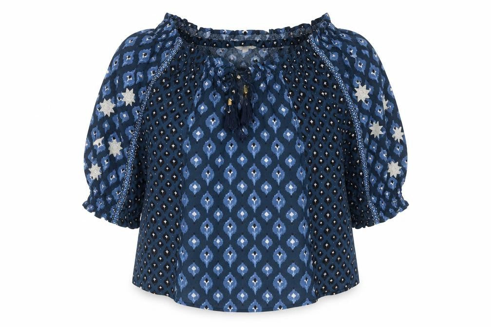 Monsoon Womens Blue Geometric Viscose Cropped Blouse Size S Boat Neck