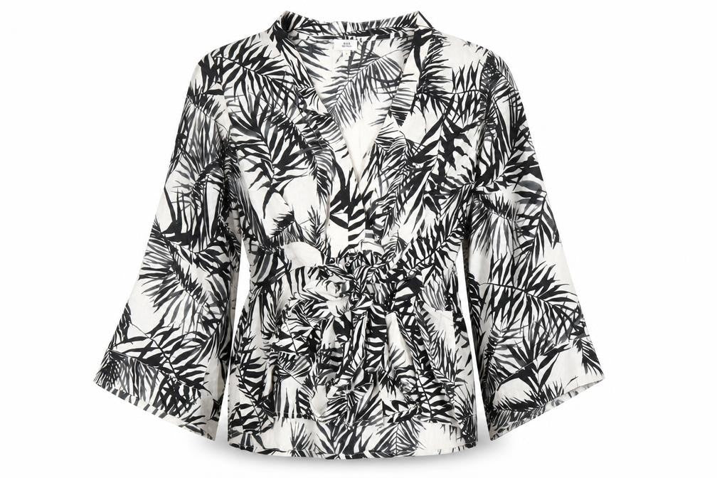 Front view of River Island women’s black geometric viscose wrap blouse, size UK 8, v-neck - leaf print