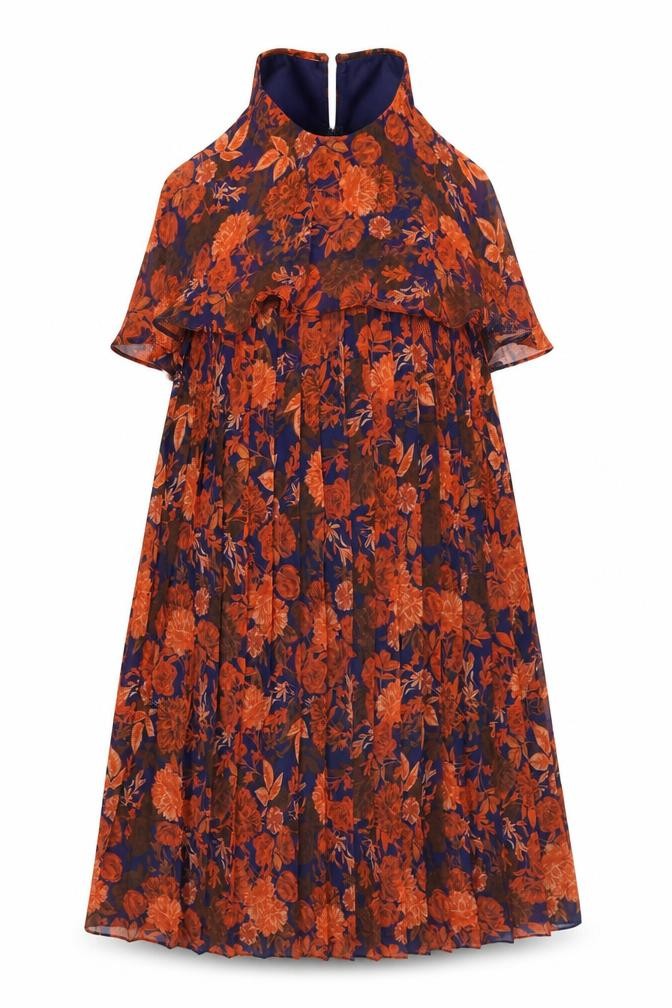 Front view of ASOS women’s orange floral polyester a-line, size UK 10, round neck zip