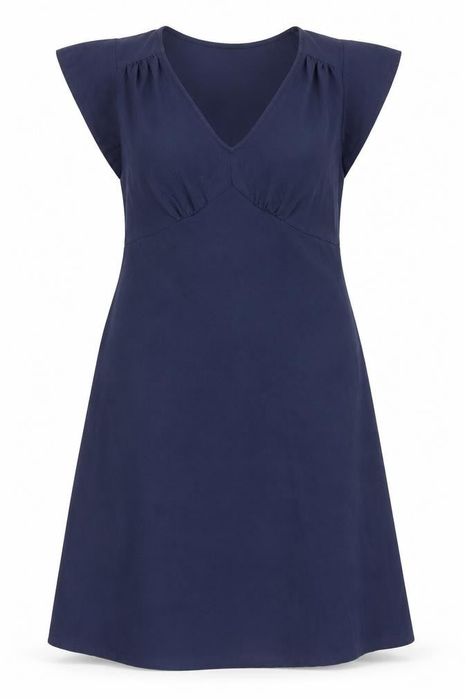 Front view of Marks & Spencer women’s blue herringbone polyester a-line, size UK 12, v-neck pullover