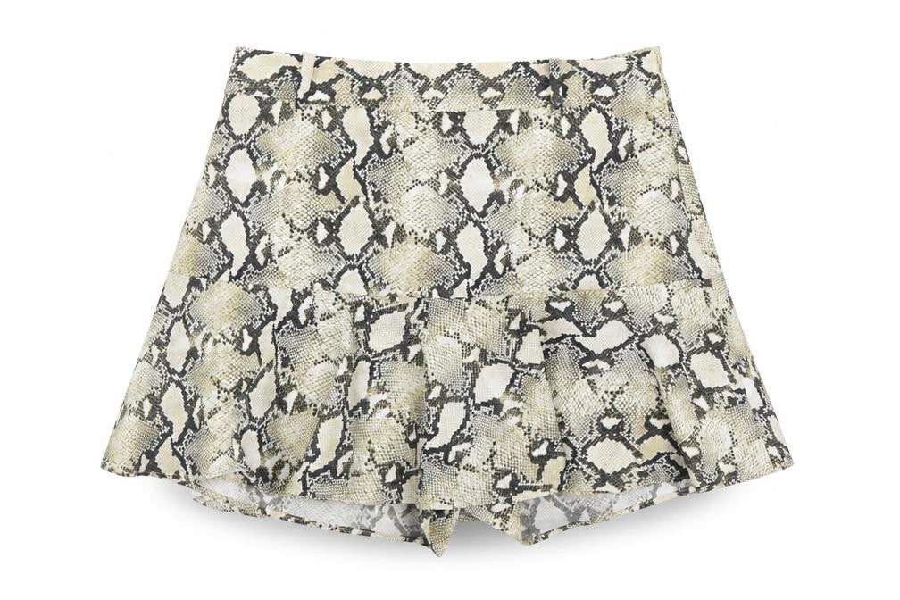 Front view of Zara women’s beige animal print polyester skort, size M, zip - snakeskin pattern