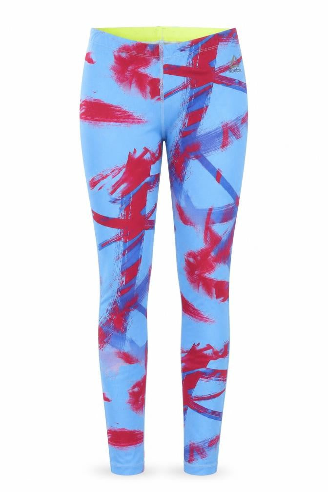 Front view of Reebok women’s blue geometric polyester compression leggings, size XS, regular pullover