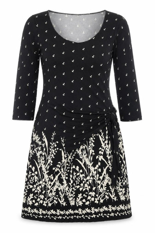 Front view of Studio women’s black floral polyester a-line, size S, scoop neck pullover