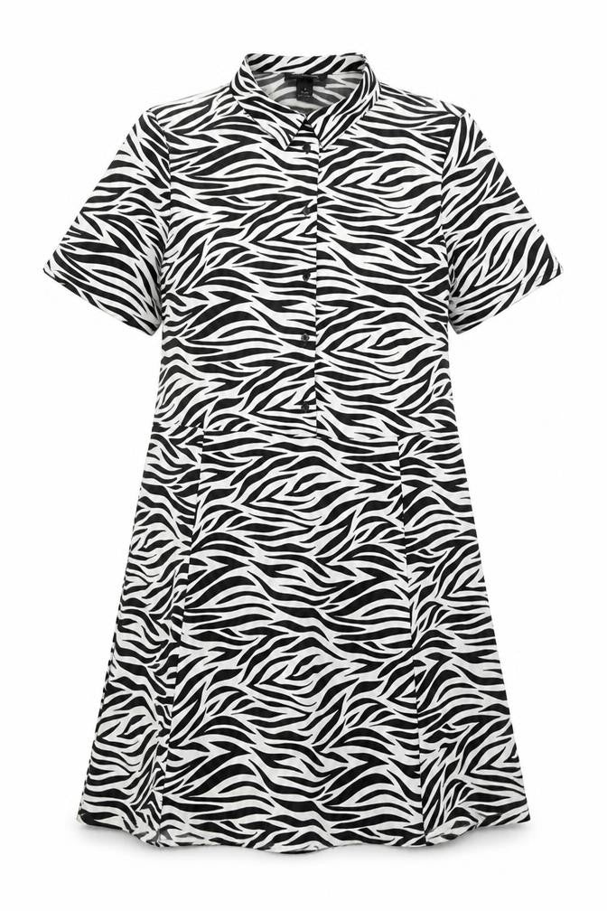 Front view of Monki women’s black animal print polyester shirt dress, size S, collared button - zebra pattern