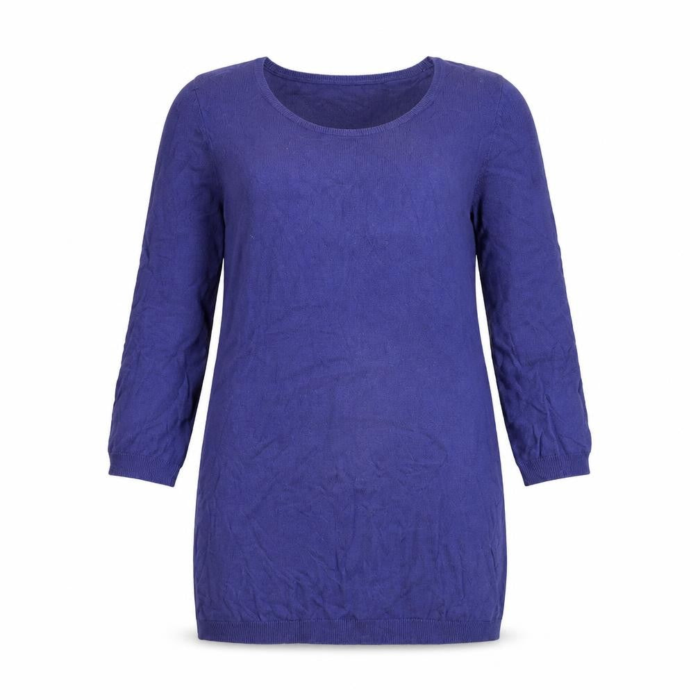 Front view of Preworn women’s blue scoop neck polyester jumper, size UK 12