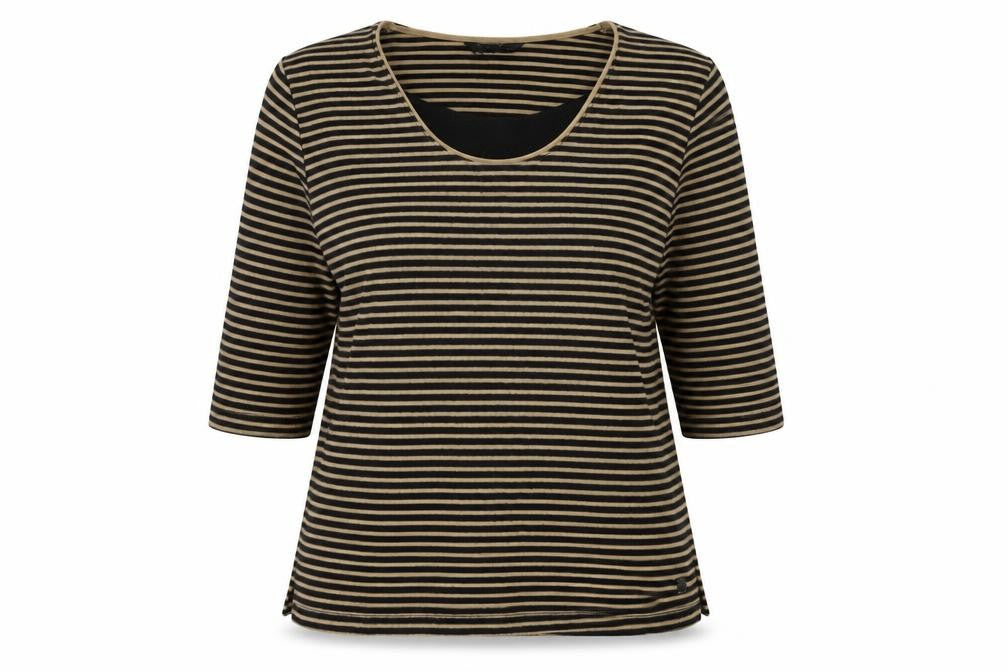 Front view of TIGI women’s brown striped polyester basic blouse, size UK 12, scoop neck -, size UK 12-14