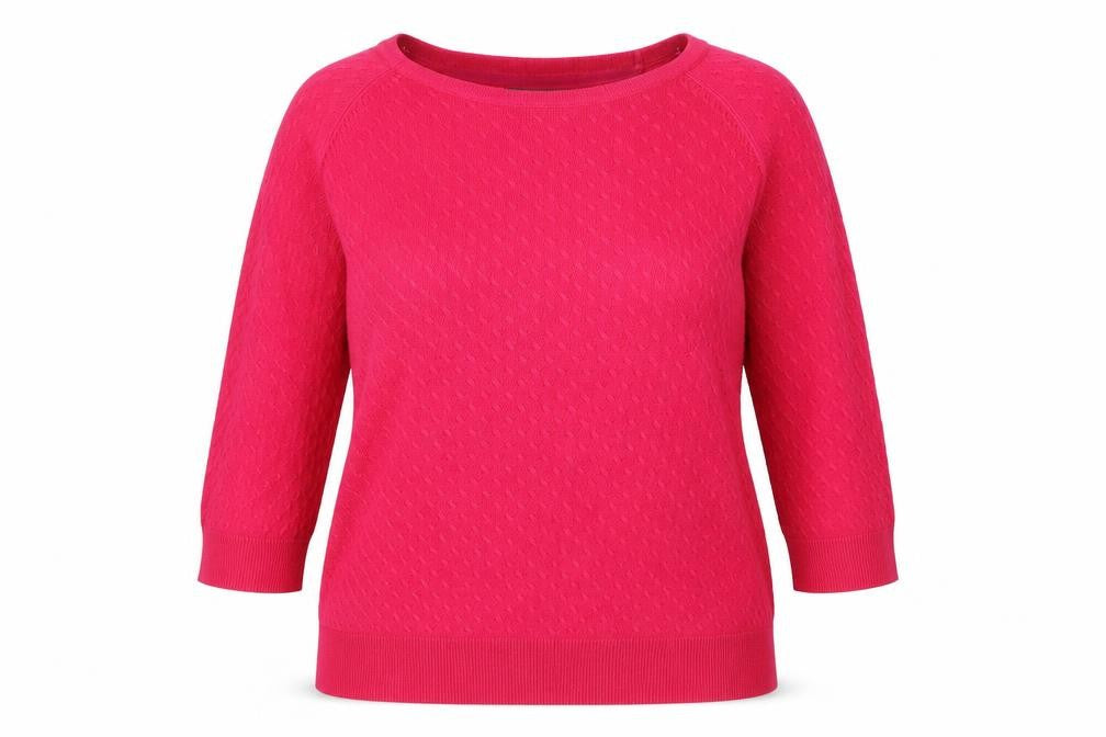 Front view of Marks & Spencer women’s pink scoop neck acrylic jumper, size UK 16
