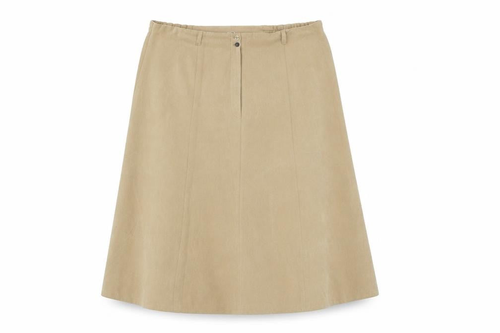 Front view of Berkertex women’s brown polyester swing skirt, size UK 18, button
