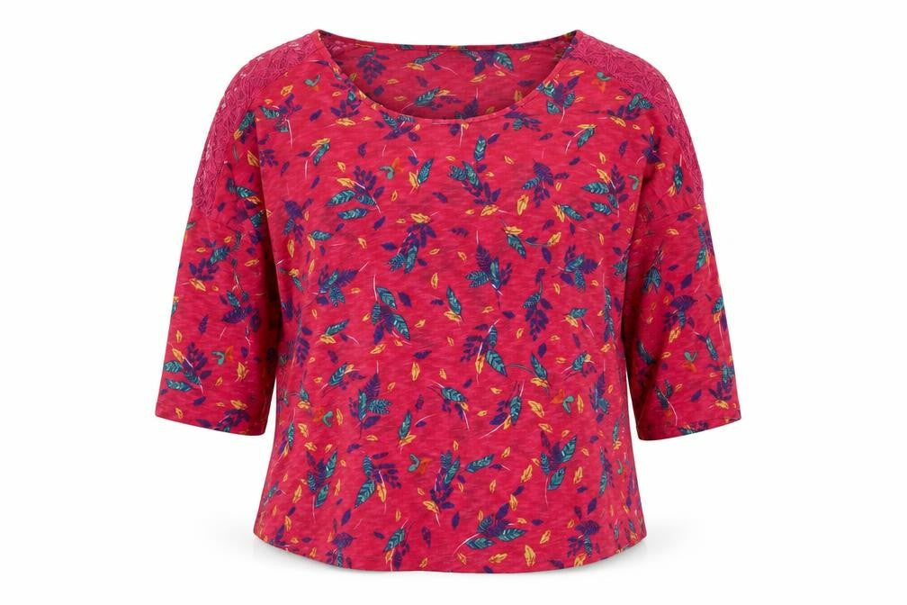 Front view of Marks & Spencer women’s pink floral cotton basic blouse, size UK 14, boat neck
