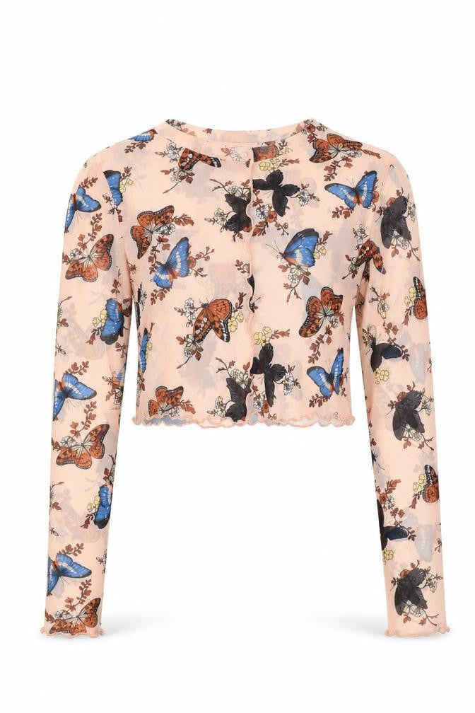 Front view of Primark women’s pink geometric polyester cropped blouse, size XS, round neck - butterfly pattern