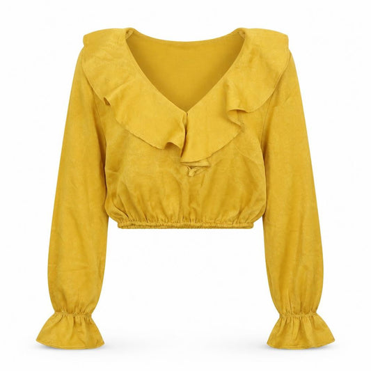 Front view of PRETTYLITTLETHING women’s yellow polyester cropped blouse, size UK 8, v-neck - elastic hem