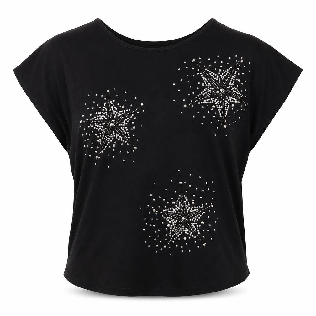 Miss Charm Paris Womens Black Viscose Basic T-Shirt Size L Round Neck - Star