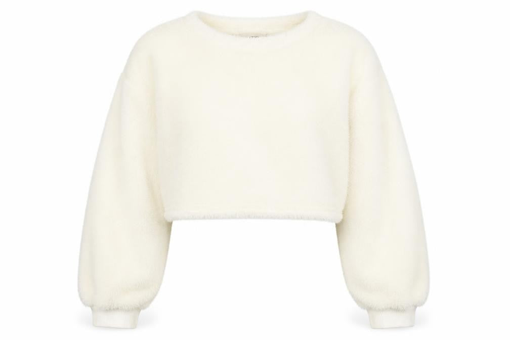 Front view of Boohoo women’s white polyester pullover sweatshirt, size UK 8, pullover