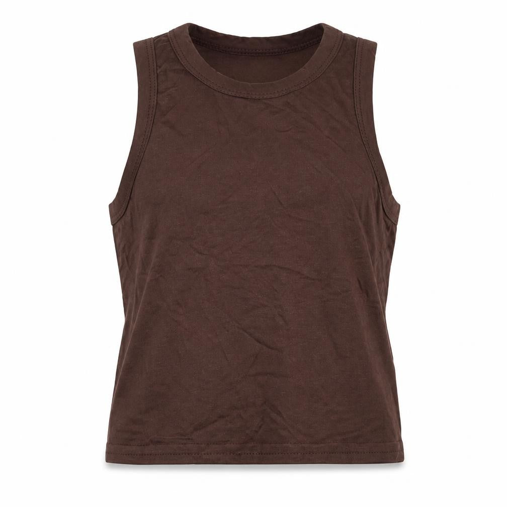 Front view of PRETTYLITTLETHING women’s brown viscose basic tank, size UK 4, round neck