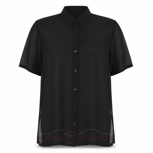 Front view of Resort women’s black polyester basic button-up, size UK 14, collared