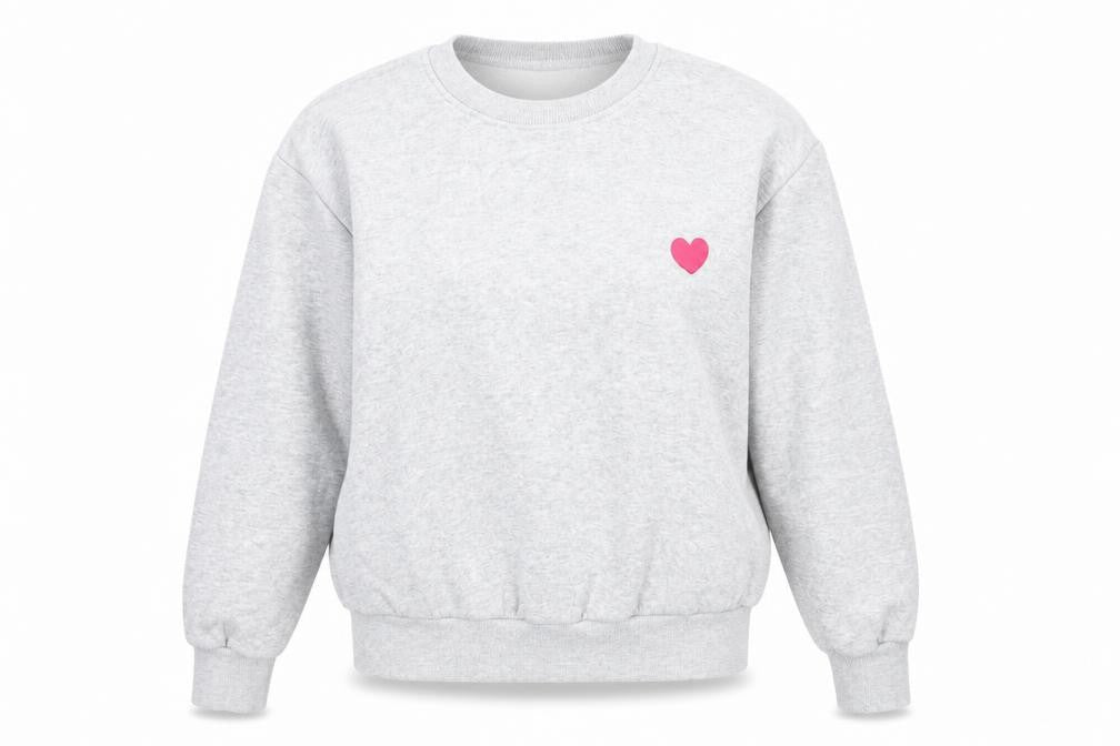 Front view of Boohoo women’s grey cotton pullover sweatshirt, size UK 6, pullover - love heart