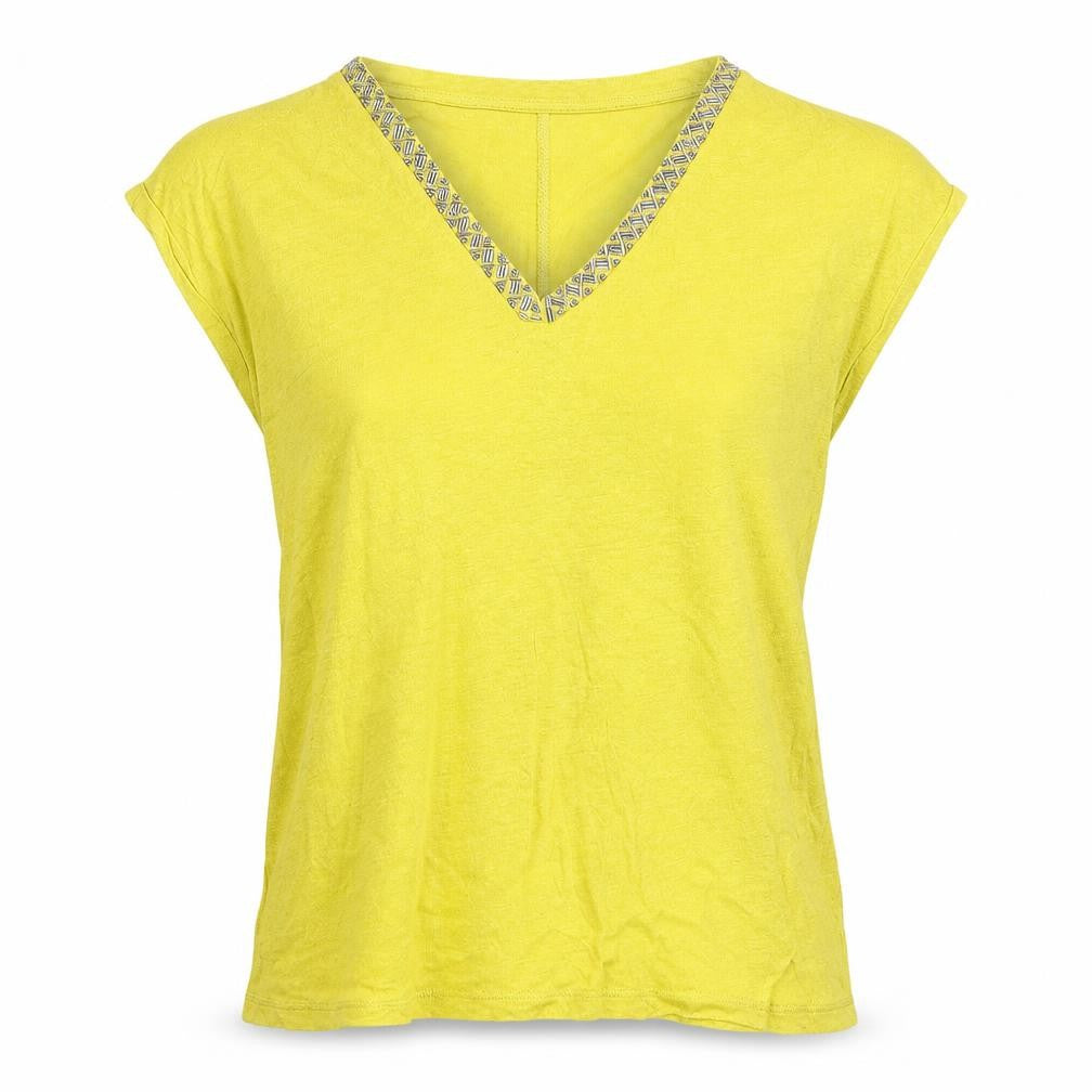 Front view of Monsoon women’s yellow viscose basic t-shirt, size S, v-neck