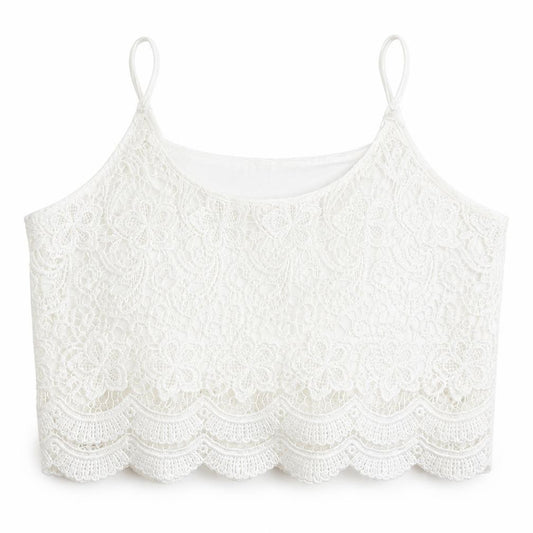 Front view of Select women’s white geometric viscose cropped tank, size UK 12, round neck