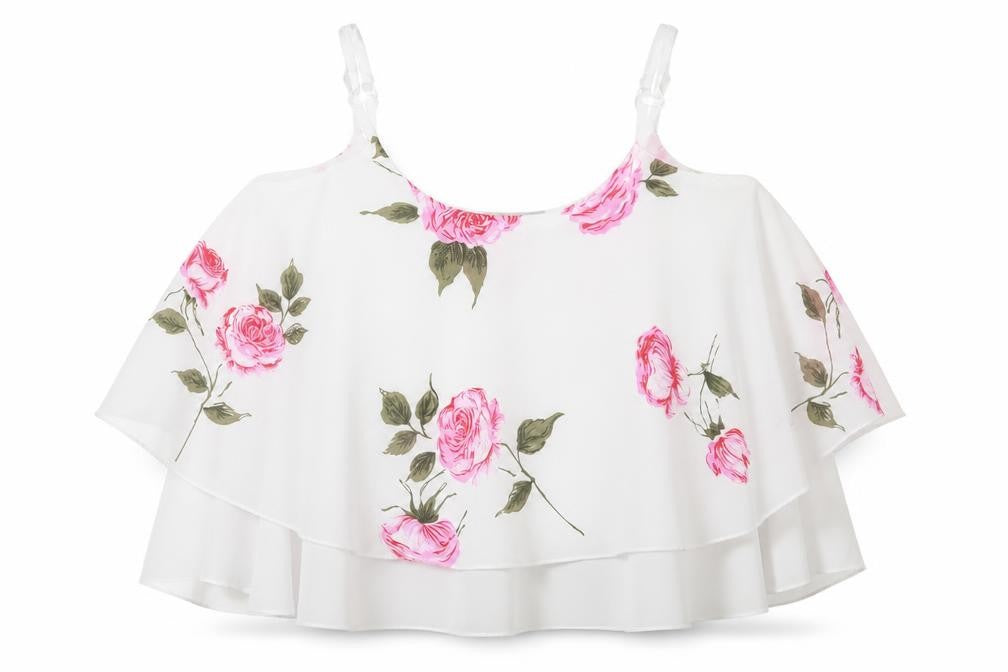 Front view of CMD women’s white floral polyester basic tank, size M, round neck