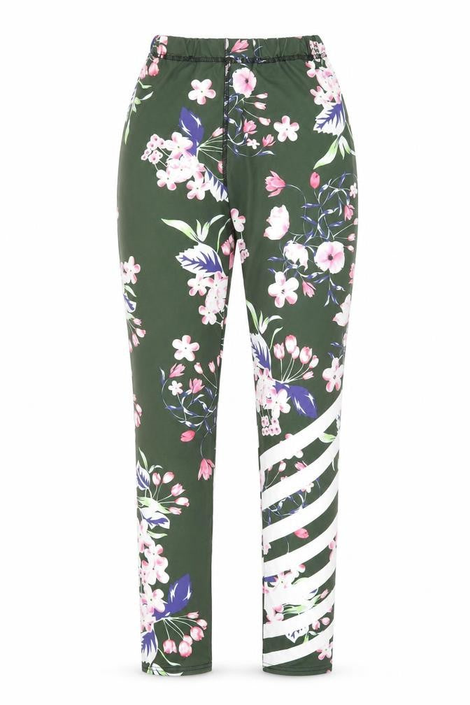 Front view of Tianxuan women’s green floral polyamide jogger trousers, size S, regular pullover
