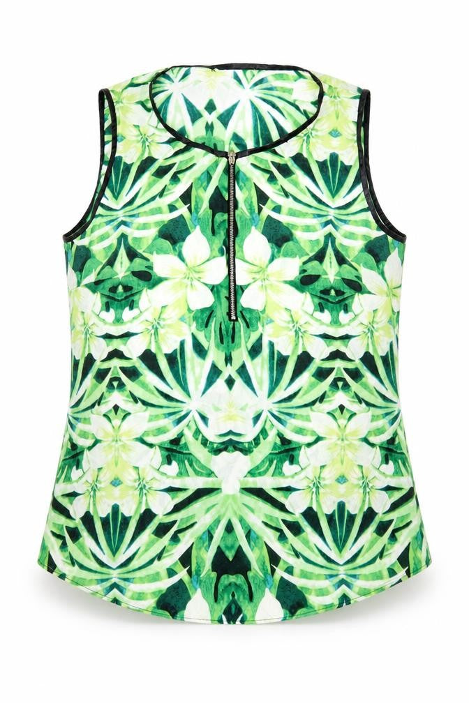 Front view of Preworn women’s green floral polyester basic blouse, size M, round neck