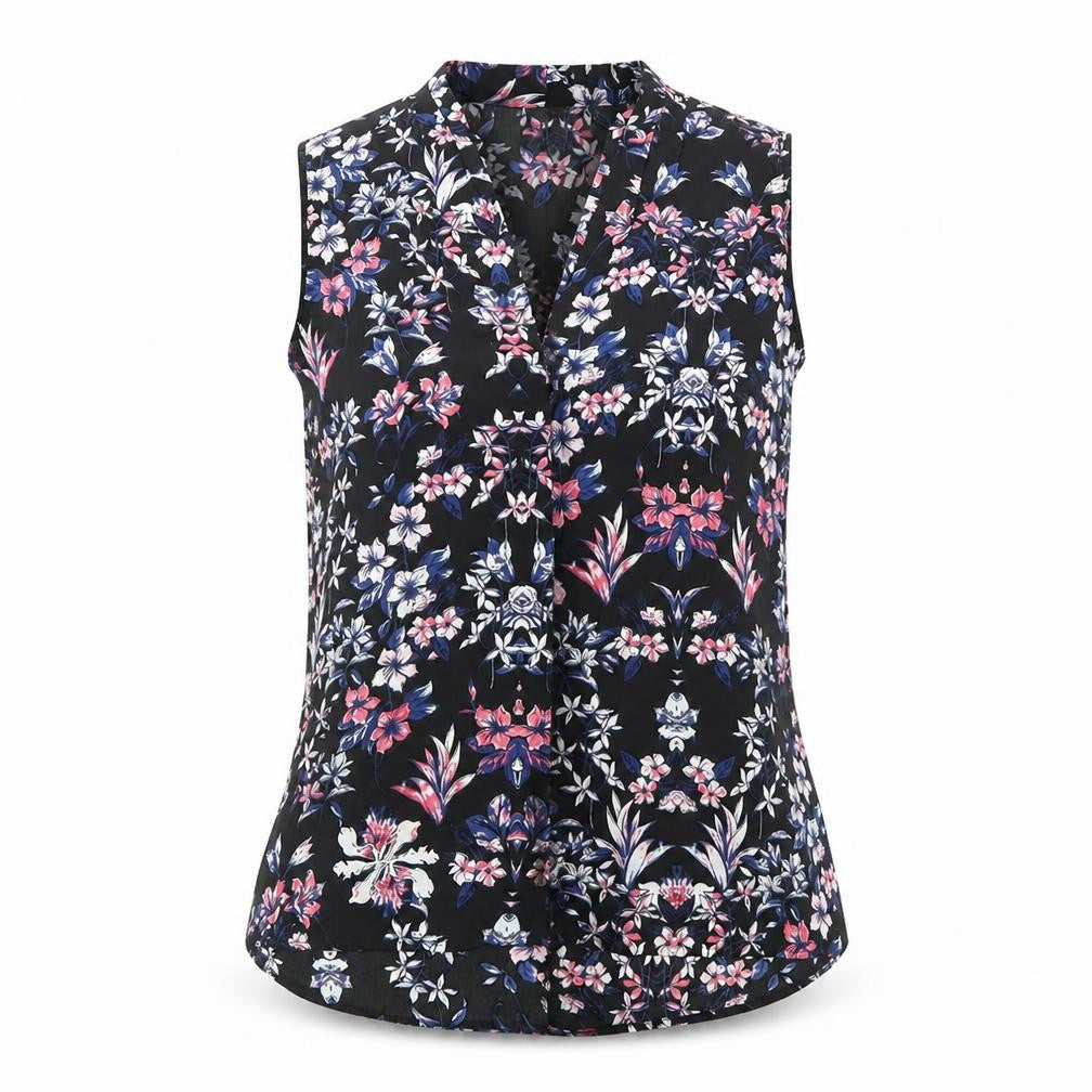 Front view of Kushi women’s black floral polyester basic blouse, size UK 10, v-neck