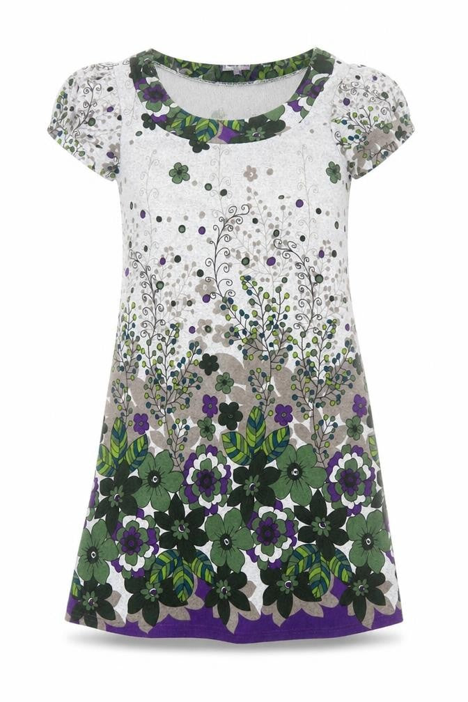 Front view of Purple women’s grey floral polyester trapeze & swing, size S, round neck pullover