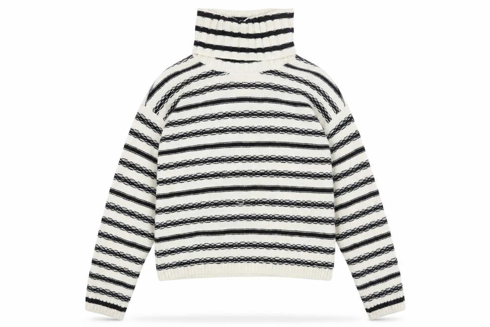 Front view of H&M women’s white roll neck striped acrylic jumper, size S