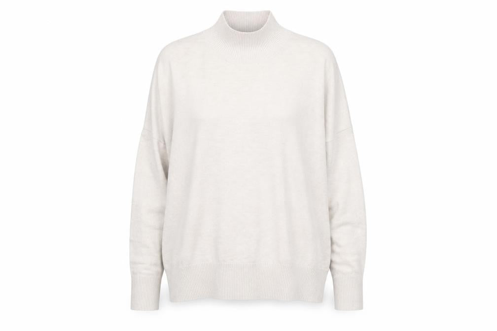 Front view of French Connection women’s beige mock neck acrylic jumper, size XS