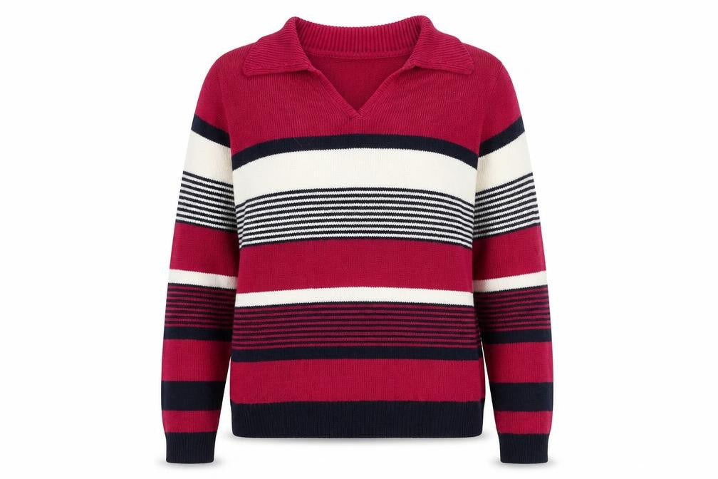 Front view of EWM women’s pink collared striped acrylic jumper, size S