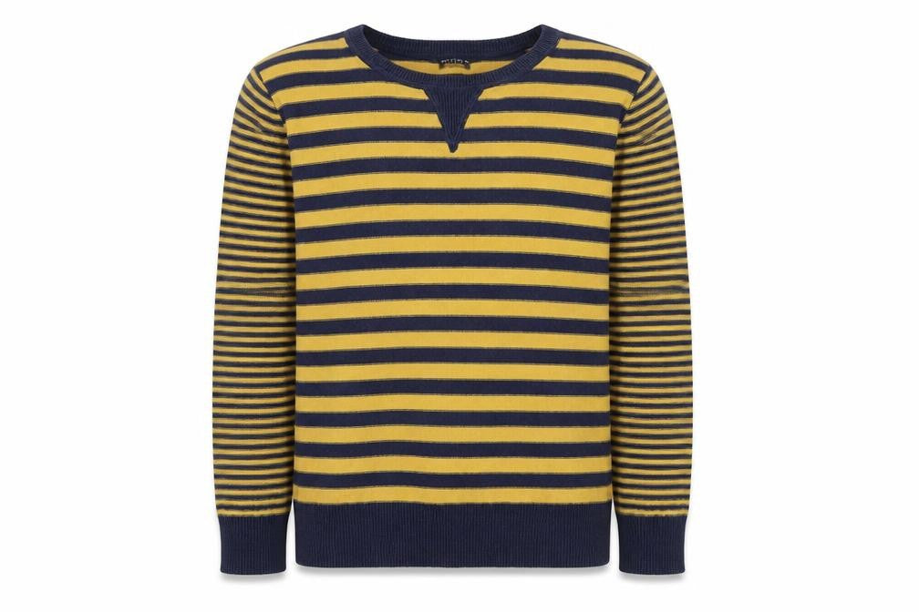 Front view of Next girls’ yellow round neck striped cotton jumper, size 10, years pullover