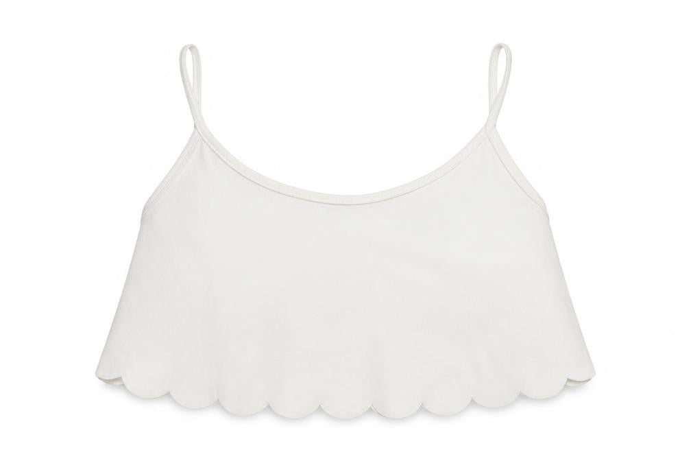 Front view of Boohoo women’s white polyester cropped tank, size UK 12, round neck
