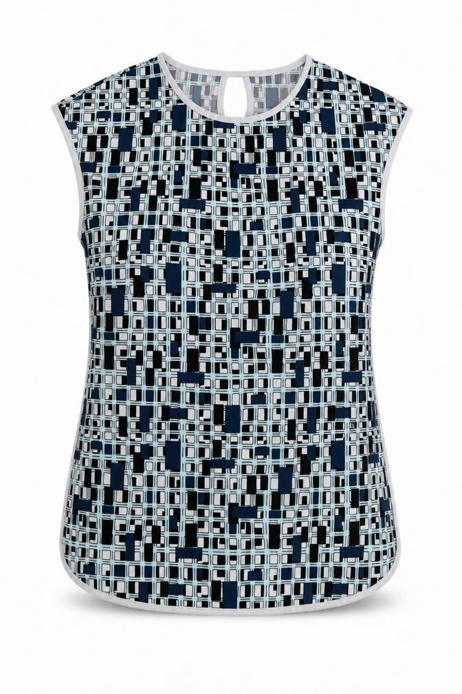 Front view of Savida women’s blue geometric polyester basic t-shirt, size UK 10, round neck