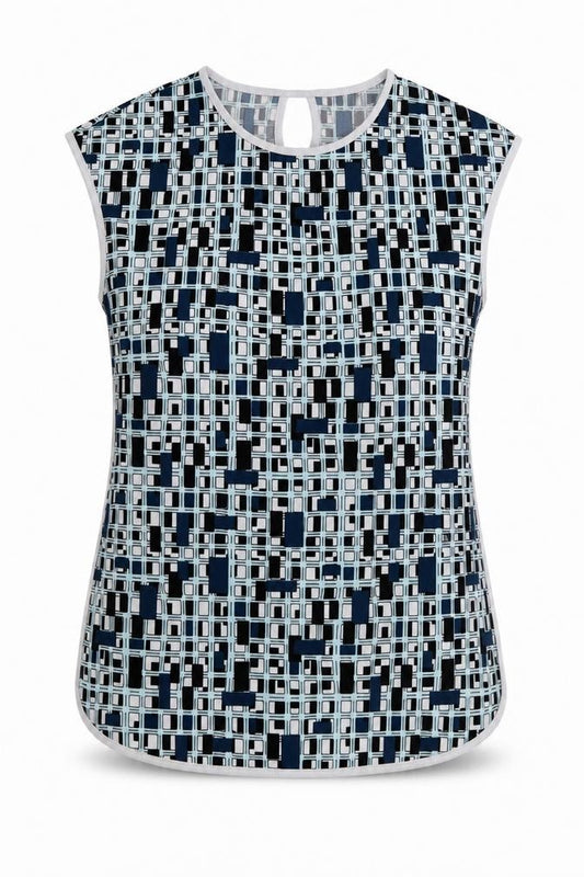 Front view of Savida women’s blue geometric polyester basic t-shirt, size UK 10, round neck