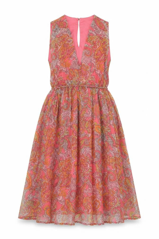 Front view of H&M women’s pink paisley polyester fit & flare, size UK 6, v-neck button