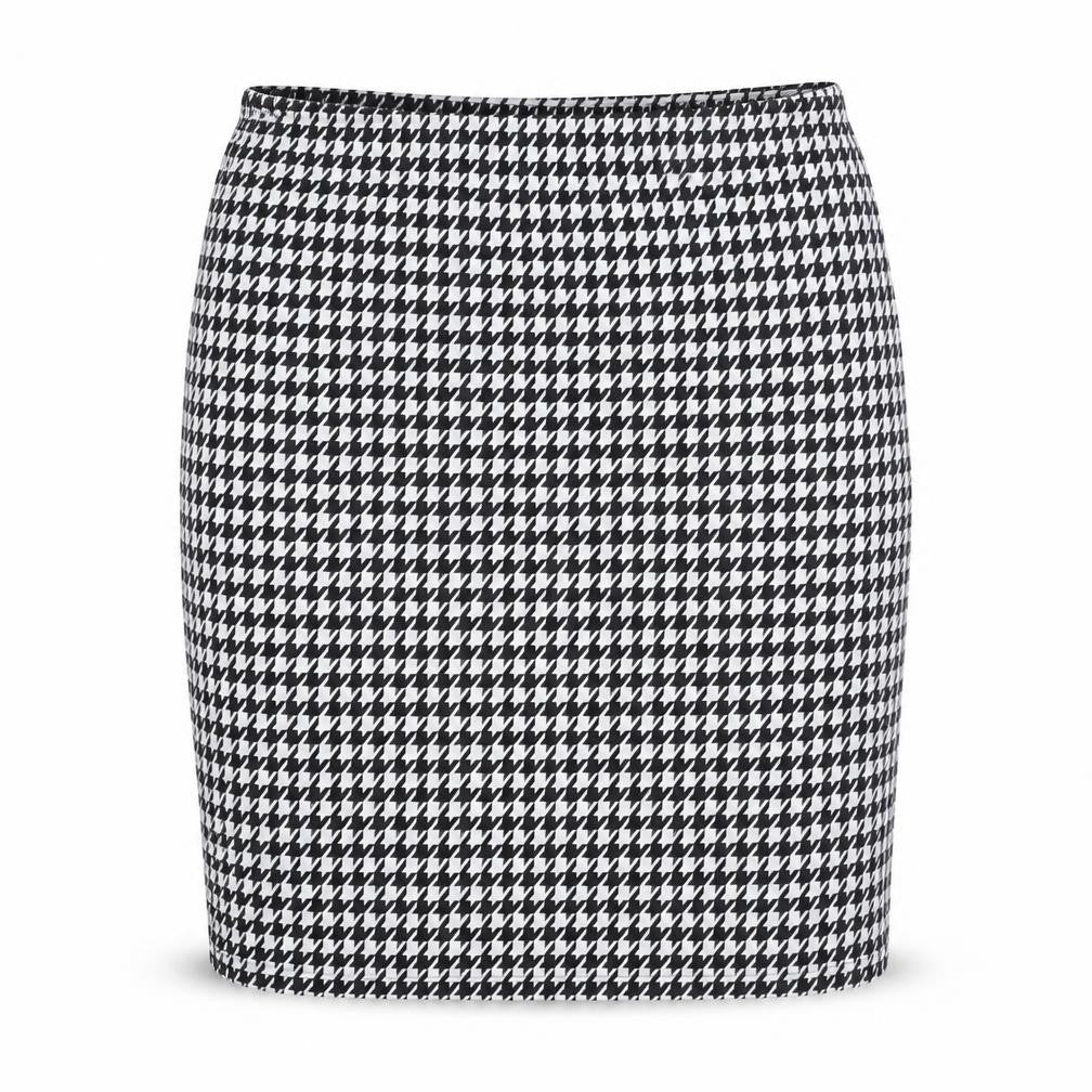 Front view of Boohoo women’s black geometric polyester straight & pencil skirt, size UK 10, - houndstooth pattern