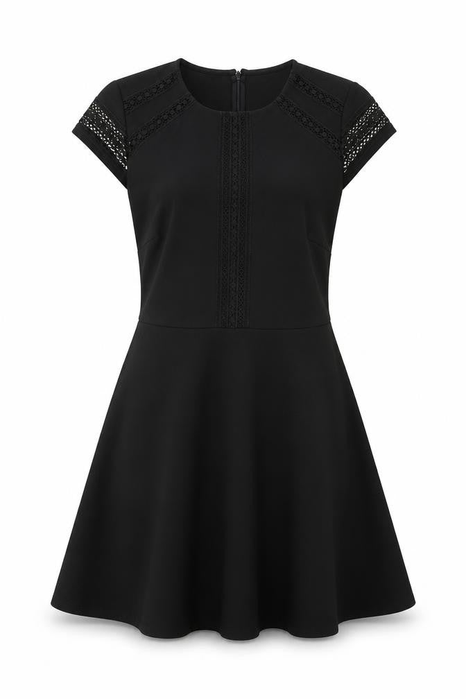 Front view of H&M women’s black polyester fit & flare, size M, round neck zip