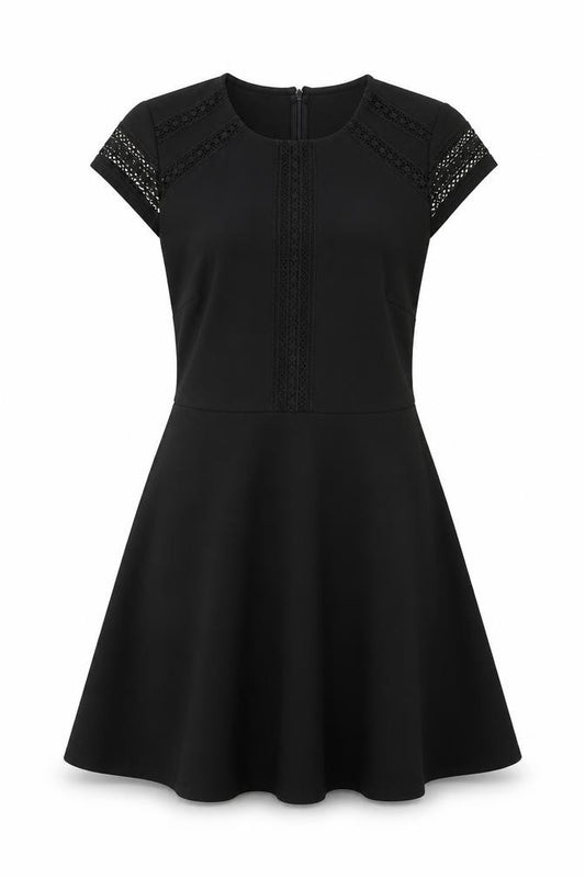 Front view of H&M women’s black polyester fit & flare, size M, round neck zip