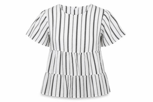 Front view of Warehouse women’s white striped polyester basic blouse, size UK 12, round neck