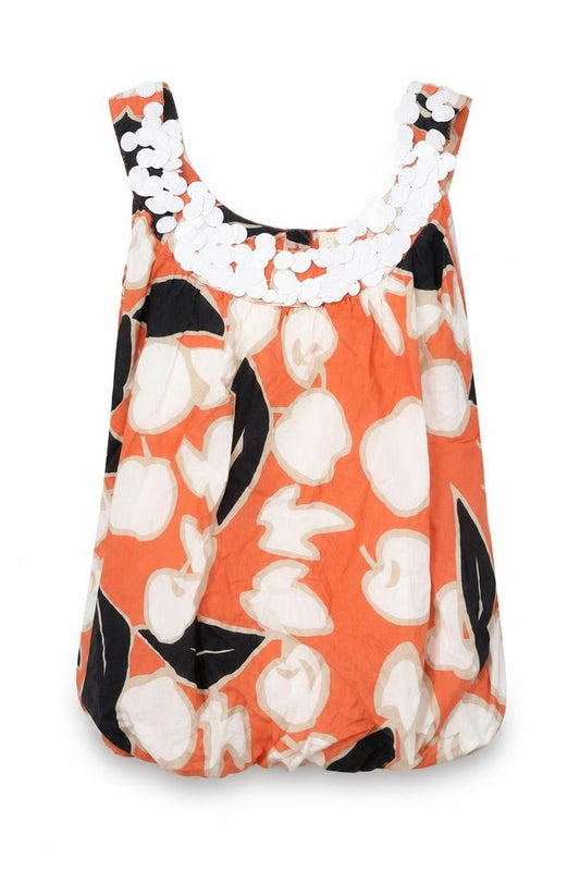 Front view of River Island women’s orange floral 100% cotton basic tank, size UK 10, scoop neck - elastic hem
