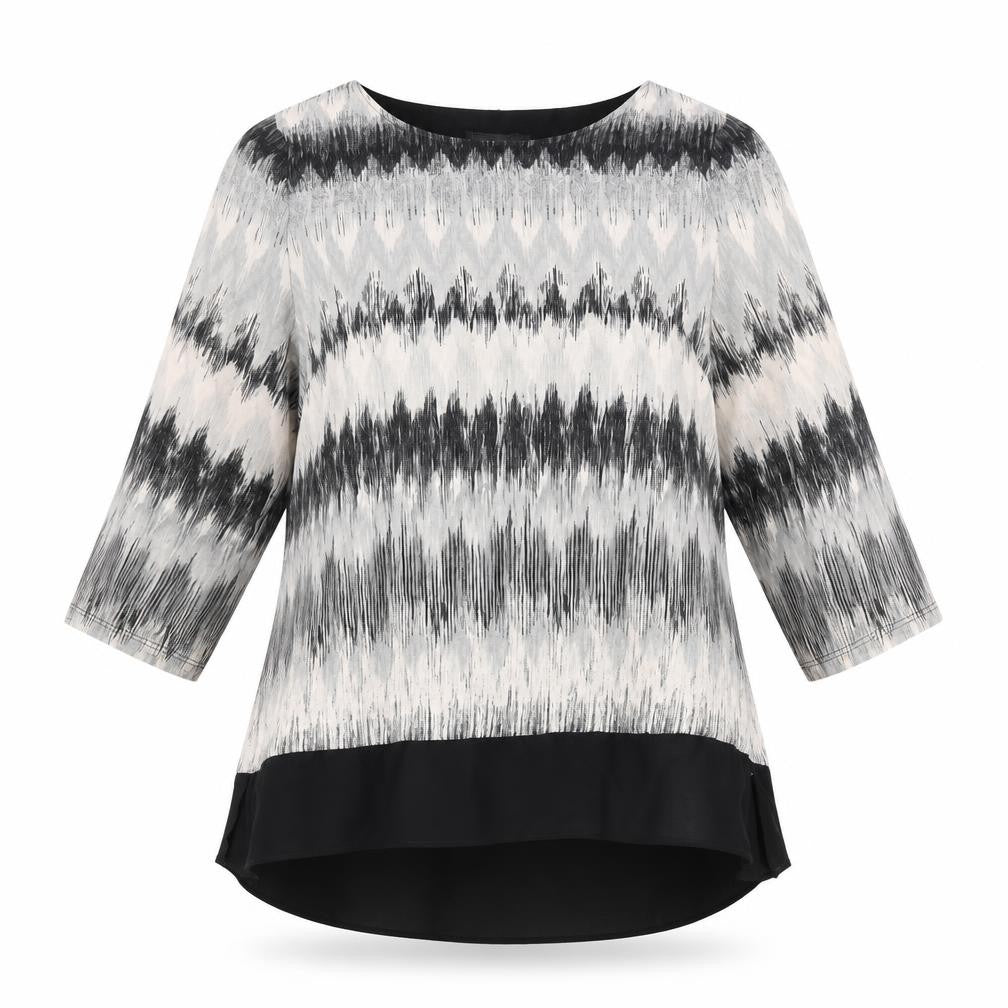 Front view of Bonmarché women’s grey geometric viscose basic blouse, size UK 14, round neck