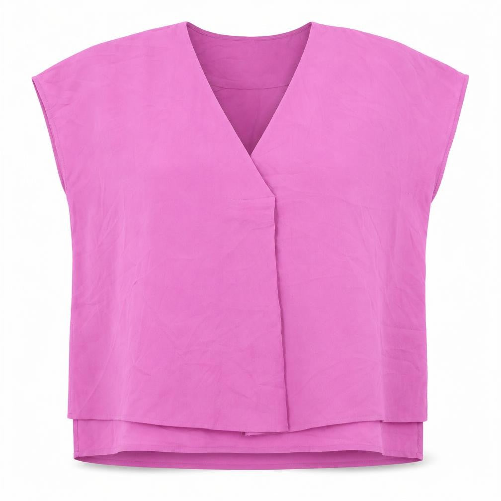 Front view of French Connection women’s pink polyester basic blouse, size M, v-neck