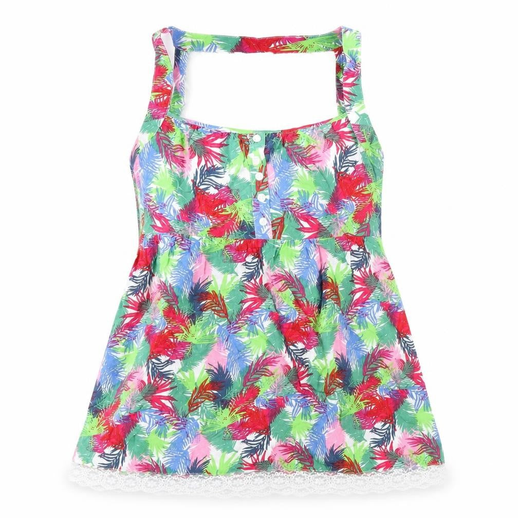 Front view of b.young women’s multicoloured geometric viscose basic tank, size UK 10, round neck - leaf print
