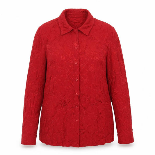 Front view of Wallis women’s red floral viscose basic button-up, size UK 14, collared