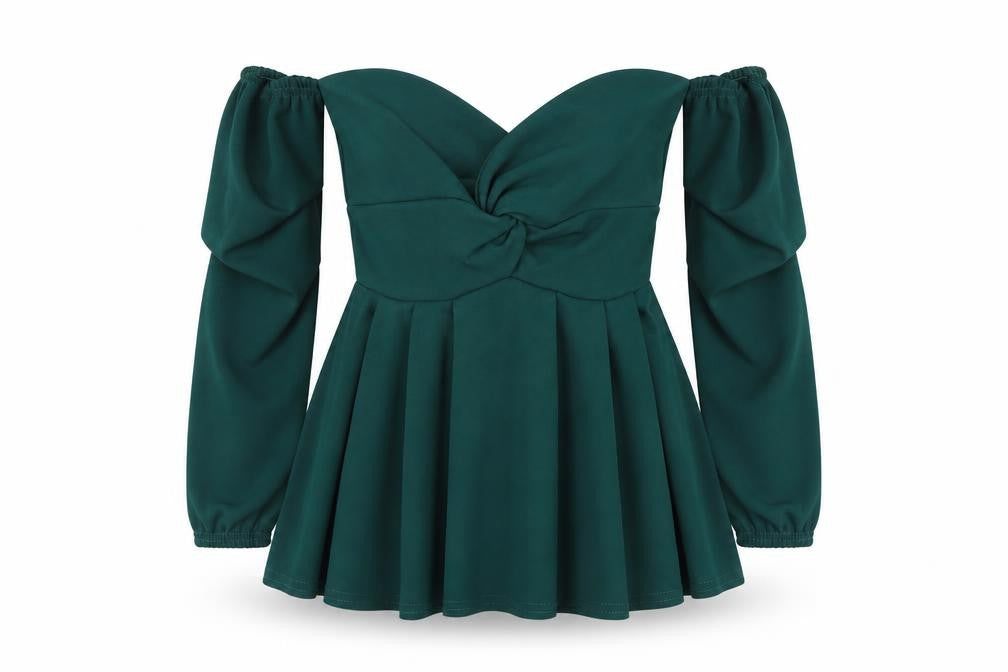 Front view of Boohoo women’s green polyester basic blouse, size UK 6, off the shoulder